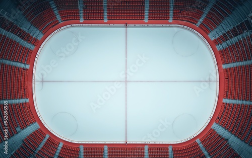 Aerial view of a modern ice hockey rink, showcasing the pristine ice and vibrant seating arrangement for sports events. photo