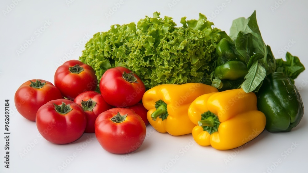 Vibrant assortment of fresh vegetables featuring ripe tomatoes, crisp lettuce, and colorful bell peppers. Ideal for healthy meals and nutrition-focused content. AI Vibrant assortment of fresh vegetables featuring ripe tomatoes, crisp lettuce, and colorful bell peppers. Ideal for healthy meals and nutrition-focused content. AI