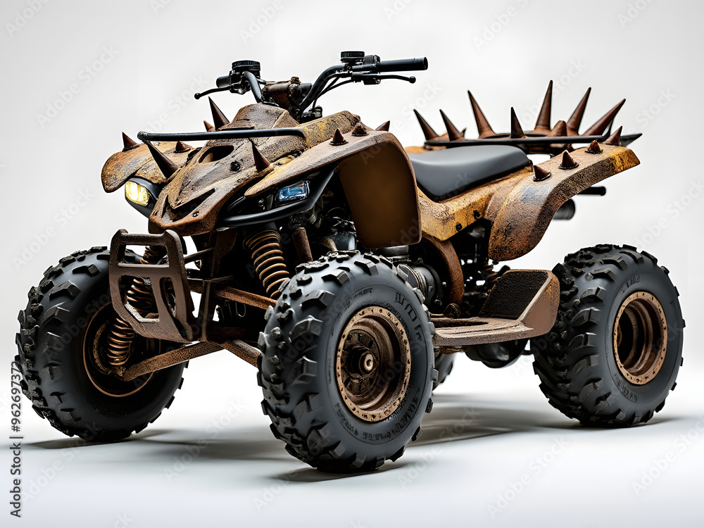 Dirty Rusty Spikey Four Wheeler 4 Wheel Quad Atv On A White Background Dirty Rusty Spikey Four Wheeler 4 Wheel Quad Atv On A White Background