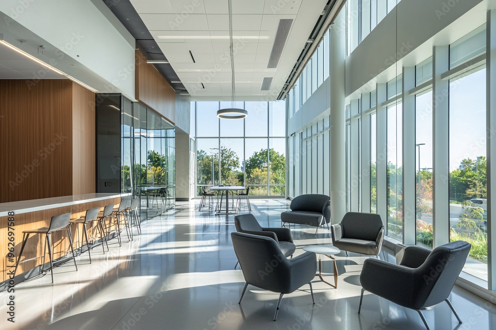 Fototapeta premium A spacious, light-filled workspace with sleek design and streamlined furnishings that boosts efficiency.