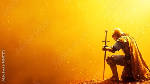 A solitary knight kneels in a golden haze, sword poised, embodying valor and contemplation in a mythical atmosphere.