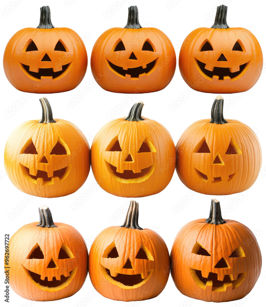 Six Carved Pumpkins with Faces, Isolated on White Background, Front View Halloween Concept Six Carved Pumpkins with Faces, Isolated on White Background, Front View Halloween Concept