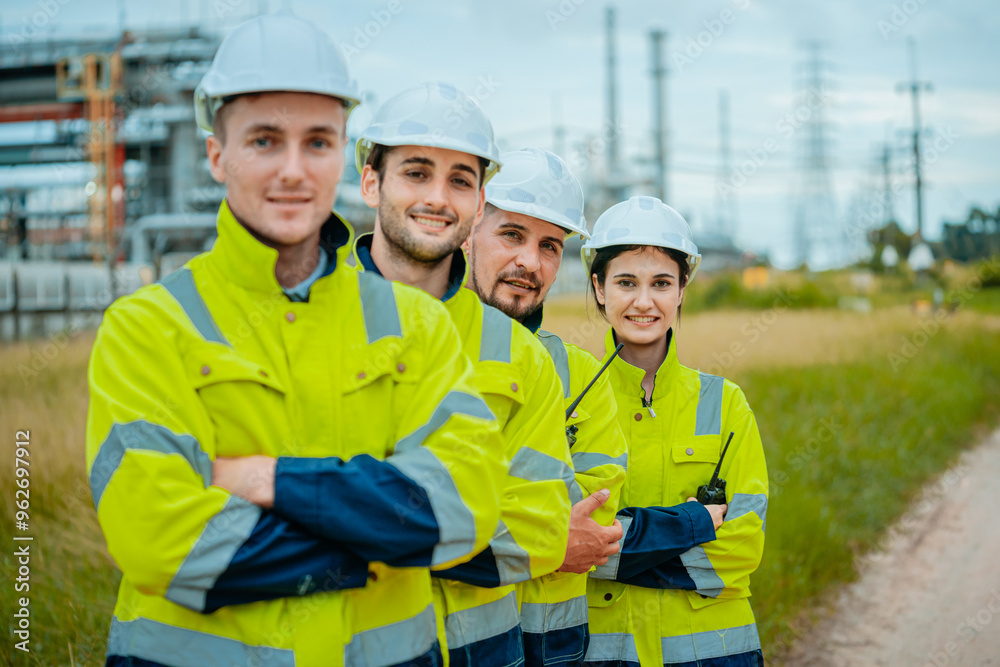 Group of workers teamwork Industry in oil refinery equipment Check and check the condition of the machinery system , Engineering concept. Group of workers teamwork Industry in oil refinery equipment Check and check the condition of the machinery system , Engineering concept.