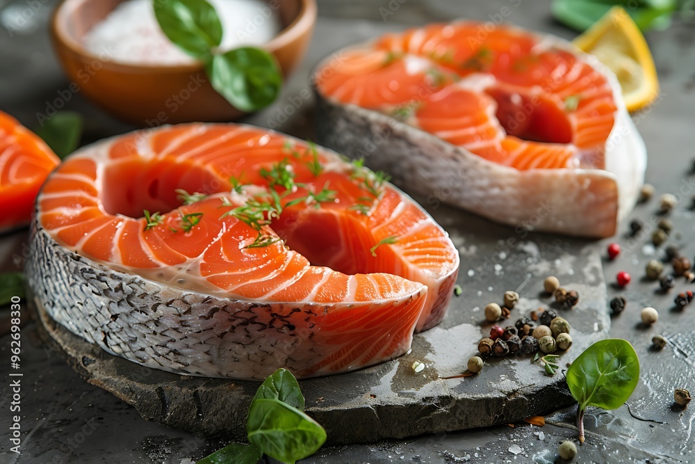 Raw salmon steaks with spices and herbs on grey background Raw salmon steaks with spices and herbs on grey background