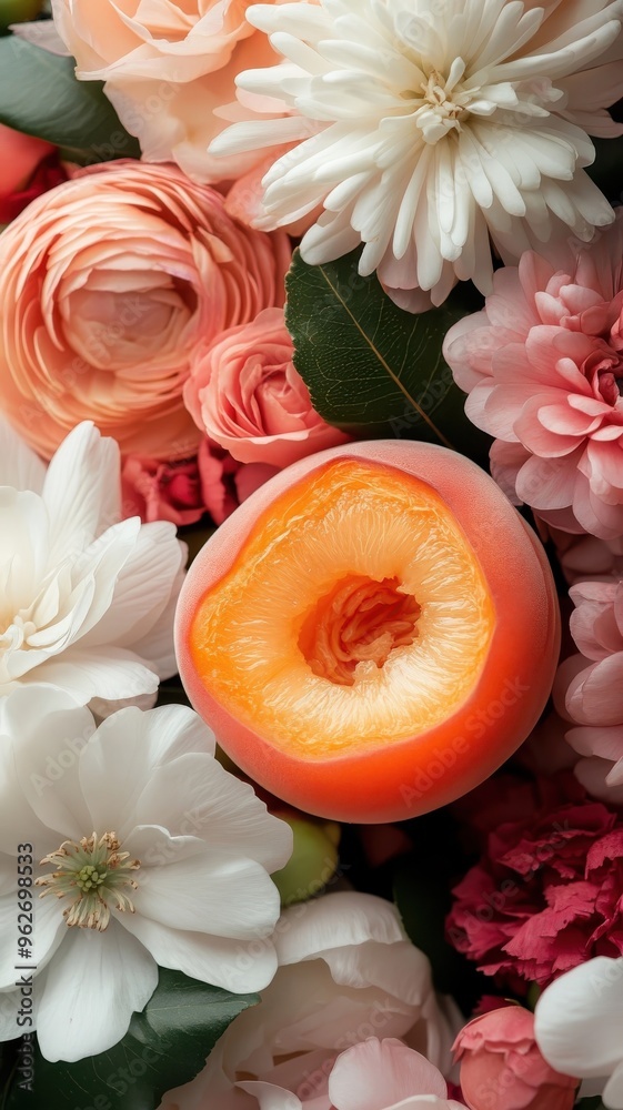 Nectarine surrounded by luxurious, colorful flowers in an opulent setting. Nectarine surrounded by luxurious, colorful flowers in an opulent setting.