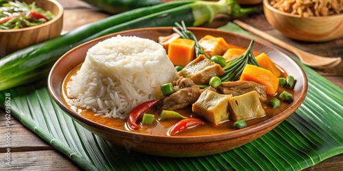 Delicious traditional Filipino dish Kare-Kare featuring ox tripe, vegetables, and ground rice in a rich peanut-based sauce, served with steamed rice. photo