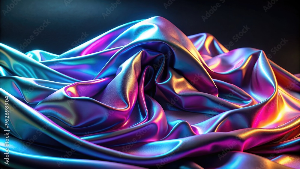 Obraz premium Futuristic cyberpunk detailed silk cloth with holographic flow on black background, cyberpunk, futuristic