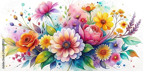 Vibrant watercolor flowers intertwined with delicate lines and whimsical shapes, creating a stunning piece of art that bursts with color and elegance on a crisp white background. photo