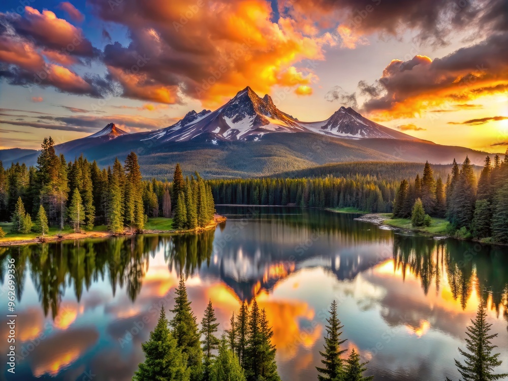 Dramatic sunrise illuminates rugged peaks of the Cascade Range, with scenic lakes and forests labeled, in the Central Oregon mountains' high desert landscape. Dramatic sunrise illuminates rugged peaks of the Cascade Range, with scenic lakes and forests labeled, in the Central Oregon mountains' high desert landscape.