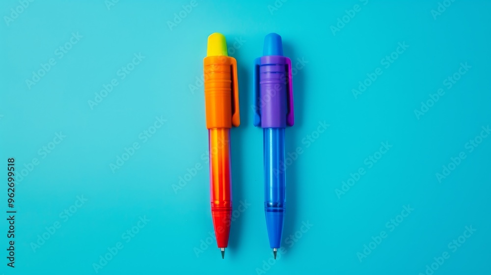 Two colorful pens featuring a rainbow gradient design placed side by side on a bright blue surface. The pens' vibrant hues contrast beautifully with the blue background, creating a visually appealing