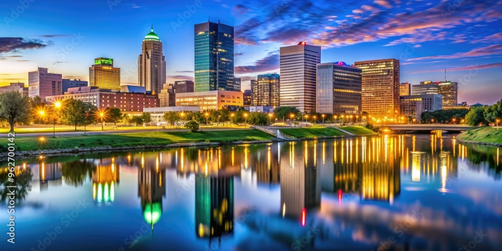 Fototapeta premium Downtown Omaha skyline at dusk with illuminated buildings and reflections in the Missouri River, Omaha, Nebraska