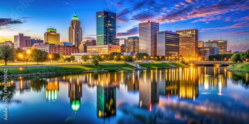 Downtown Omaha skyline at dusk with illuminated buildings and reflections in the Missouri River, Omaha, Nebraska