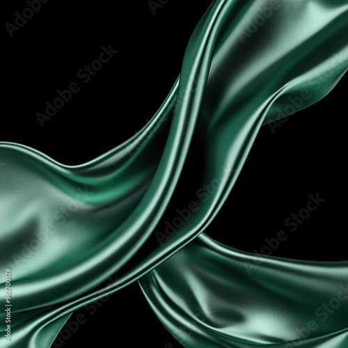 Glistening emerald green silk fabrics intertwining on a black backdrop, highlighting the intricate details and luxurious texture in high-resolution. Ideal for fashion, design, and artistic projects.