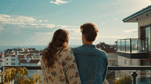 Rear view of young couple looking at their new house.