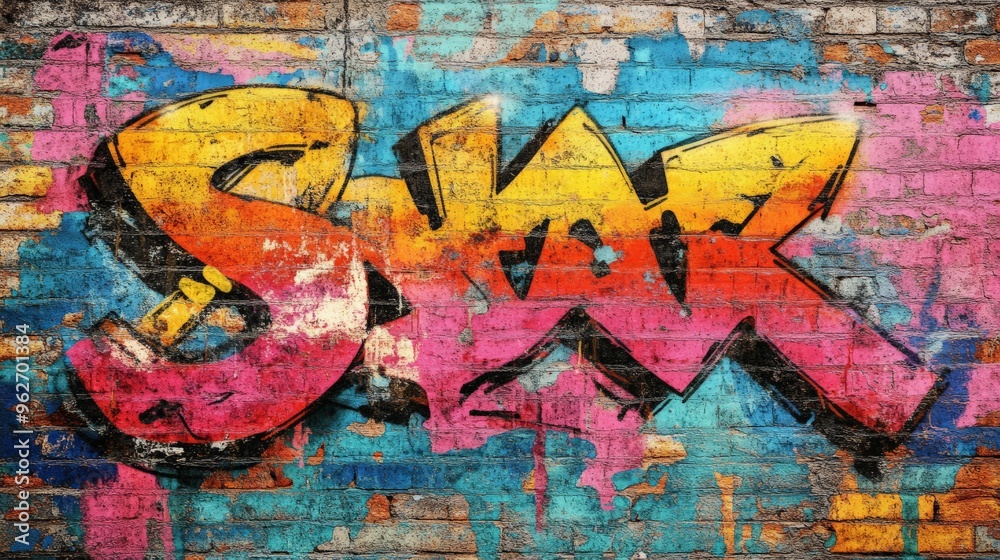 Obraz premium Colorful graffiti art on a brick wall featuring bold, vibrant design with text elements, showcasing urban street culture.