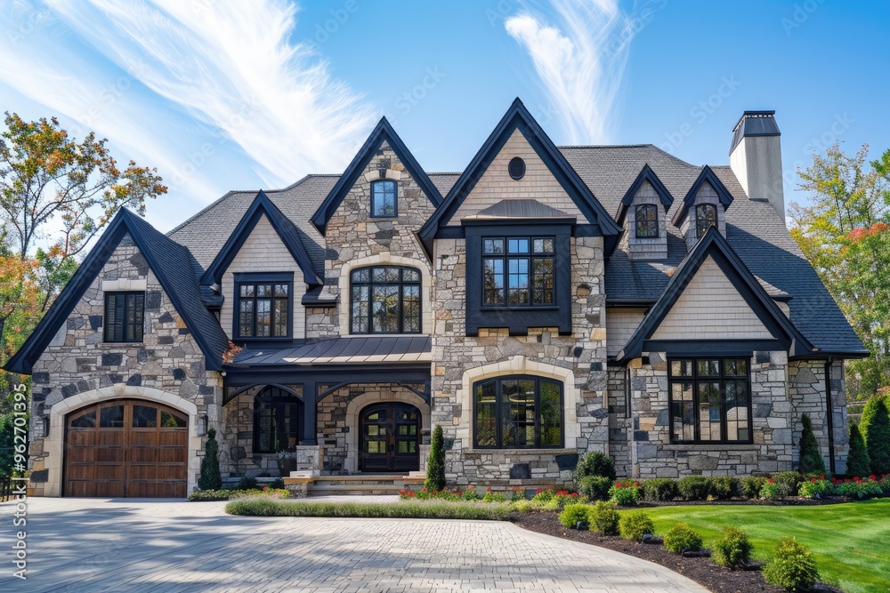 Beautiful, newly built luxury home exterior. Beautiful, newly built luxury home exterior.