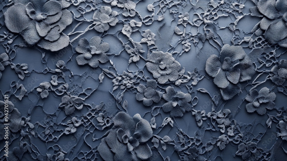 Dark blue textured floral pattern background featuring intricate lace design, perfect for elegant and sophisticated projects. Dark blue textured floral pattern background featuring intricate lace design, perfect for elegant and sophisticated projects.