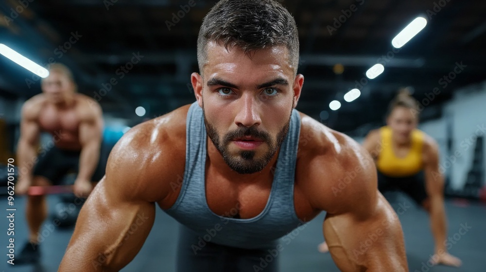 A man performs a push-up, his intense gaze locked in concentration during his workout. A man performs a push-up, his intense gaze locked in concentration during his workout.