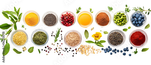 Aromatic Spice & Herb Collection: A vibrant collection of spices and herbs, arranged in small bowls with fresh sprigs and scattered seeds, creating a visually appealing and aromatic composition. 