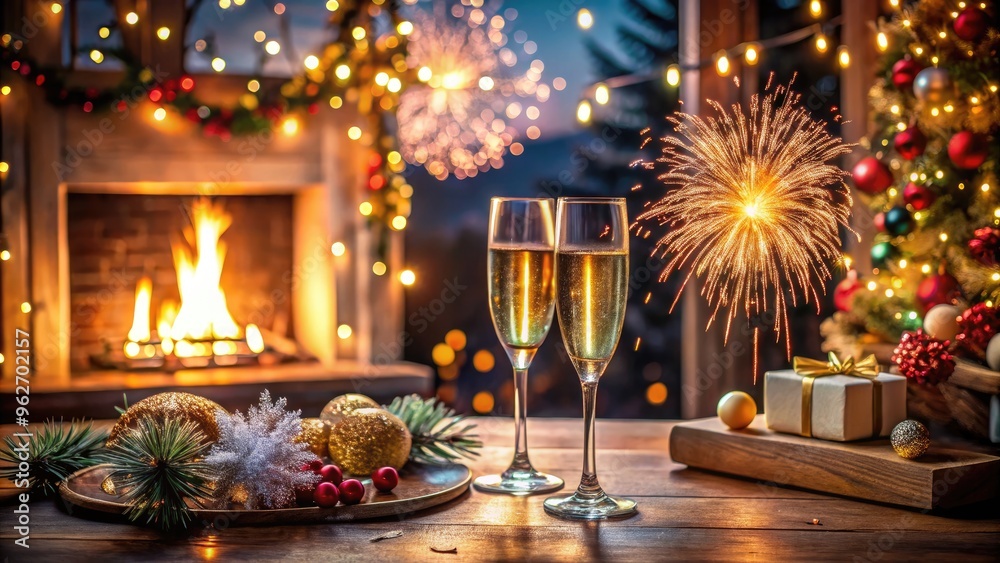 Festive Background For Virtual New Year'S Eve Celebrations Featuring Confetti, Champagne, And Fireworks In A Cozy Home Setting. Festive Background For Virtual New Year'S Eve Celebrations Featuring Confetti, Champagne, And Fireworks In A Cozy Home Setting.