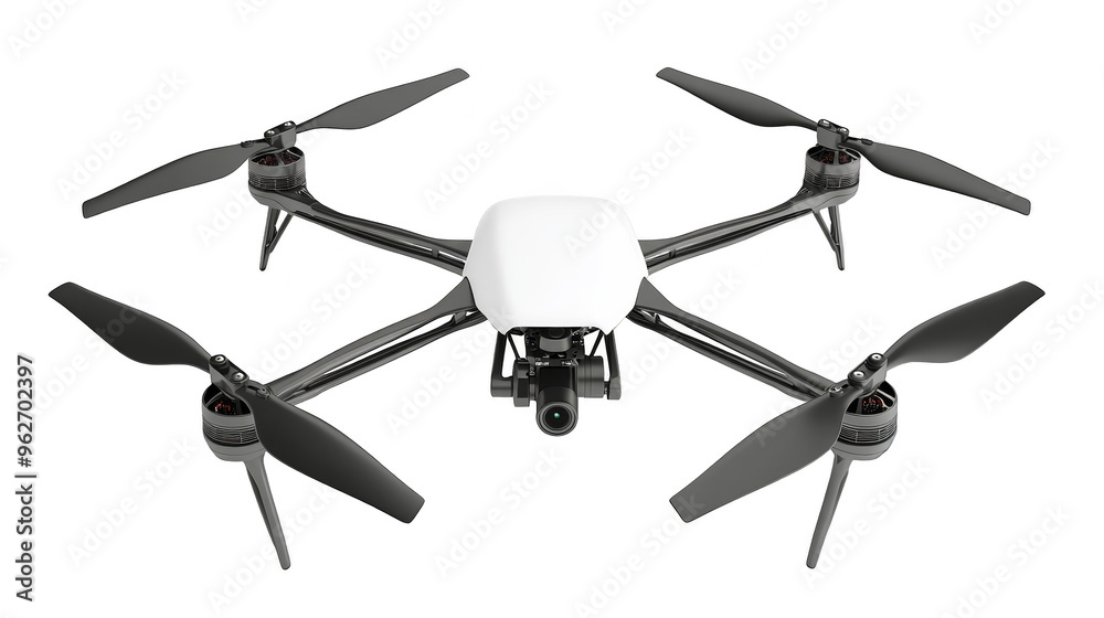 Black Drone with White Body and Camera Facing Forward Black Drone with White Body and Camera Facing Forward