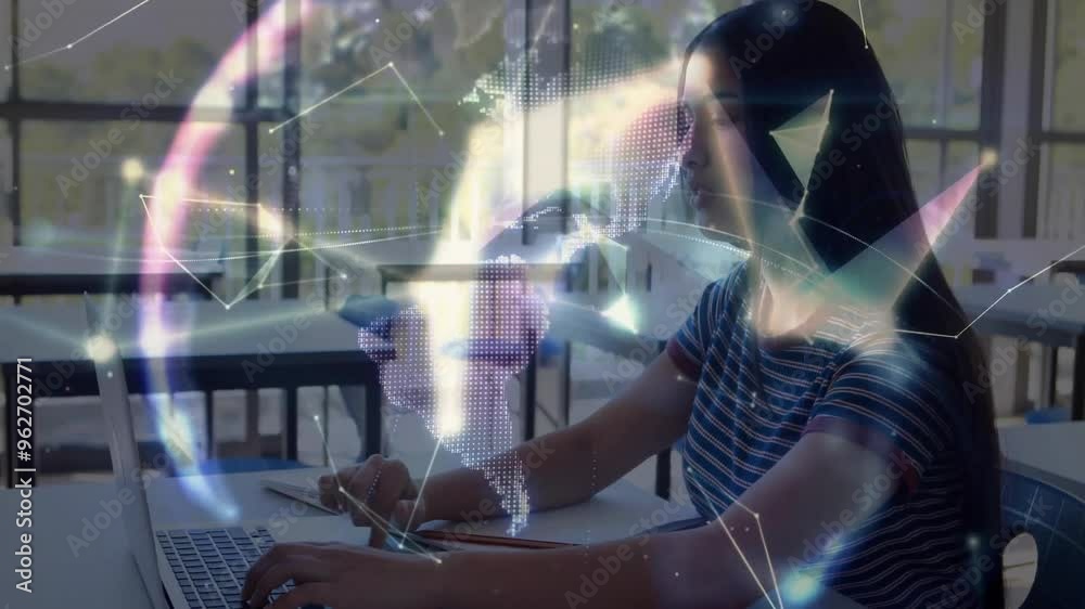 Typing on laptop, woman with world map and data processing animation over