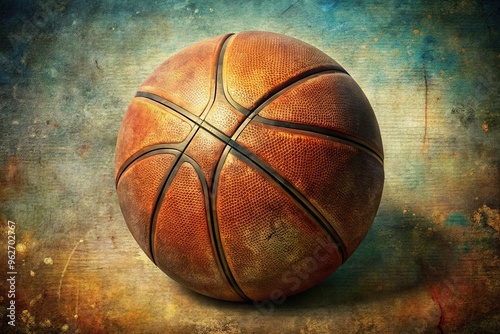 Vintage-inspired illustration of a worn, distressed basketball with faded colors and worn seams, set against a grainy, textured background with a nostalgic feel. photo