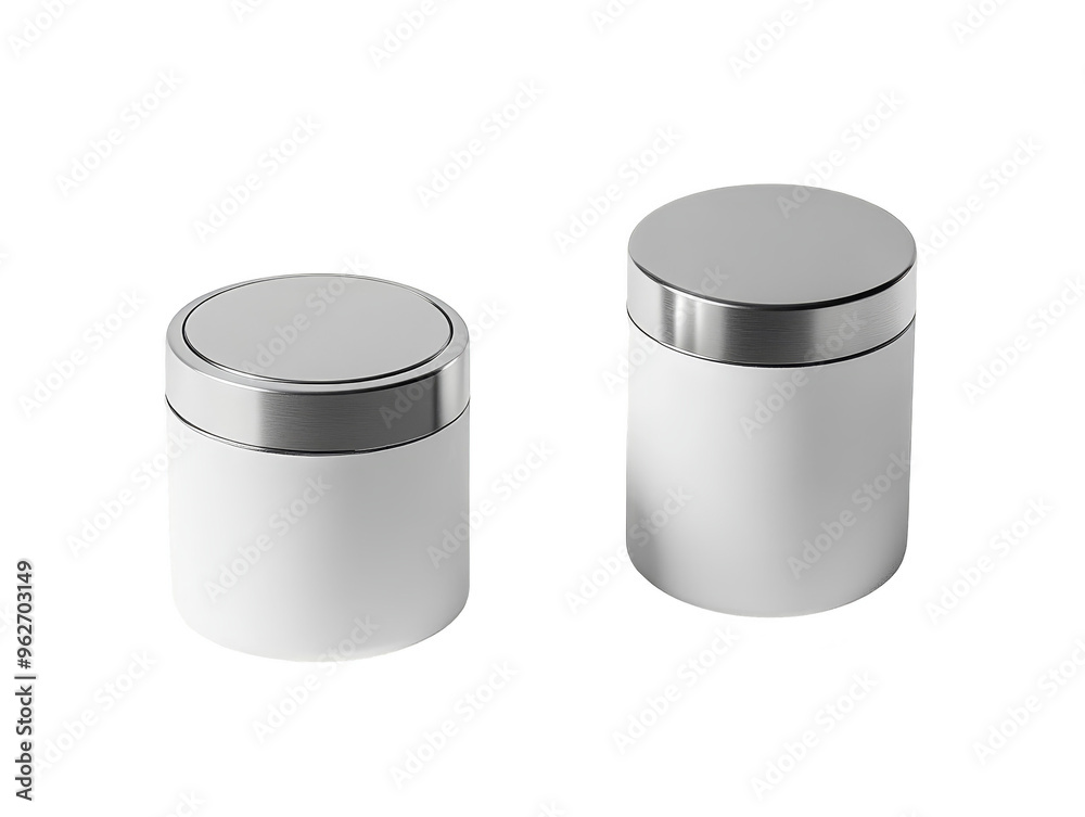Two White Cylindrical Containers with Silver Lids Two White Cylindrical Containers with Silver Lids