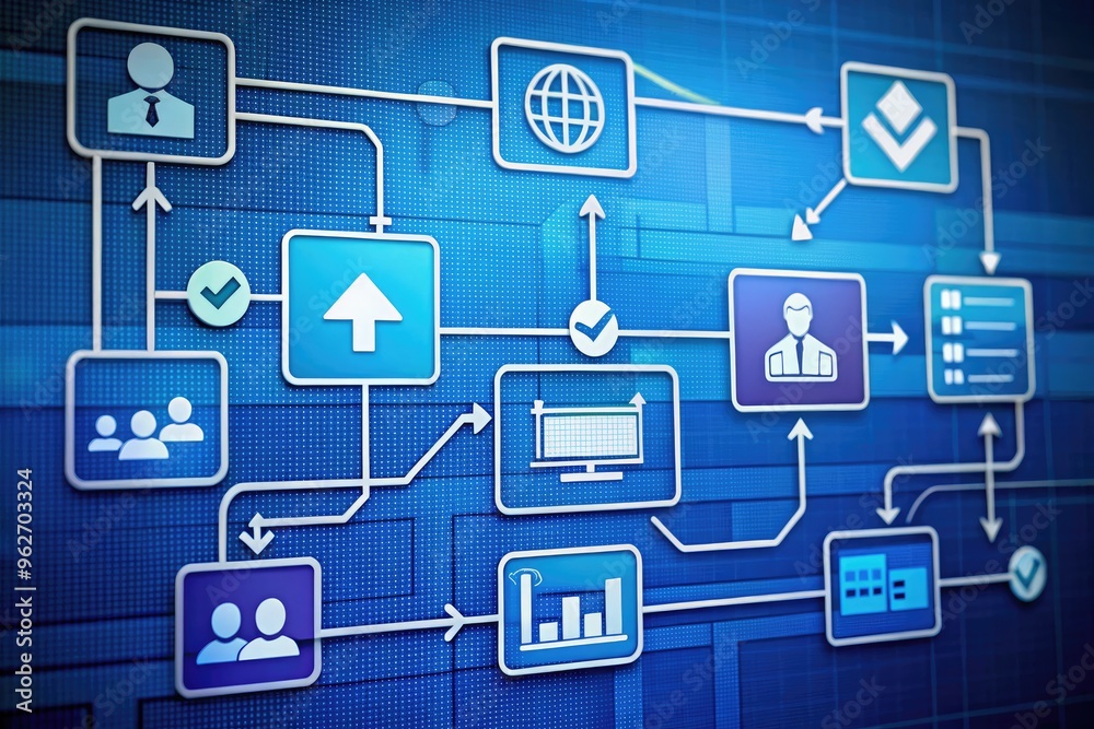 Flowchart Diagram Of A Business Process With Interconnected Icons, Shapes, And Arrows Representing Various Tasks, Steps, And Outcomes Flowchart Diagram Of A Business Process With Interconnected Icons, Shapes, And Arrows Representing Various Tasks, Steps, And Outcomes