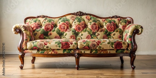 Vintage velvet sofa with ornate wooden legs and bold floral pattern, evoking nostalgia and retro charm, set against a minimalist cream-colored background. photo