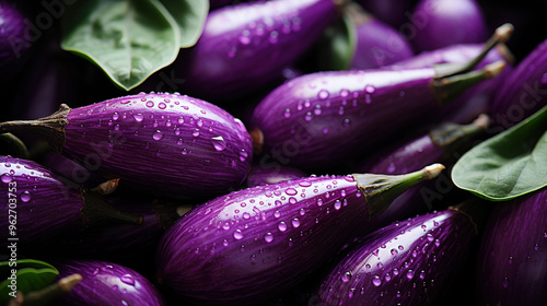 Fresh Eggplants-Brinjal With Water Drops
