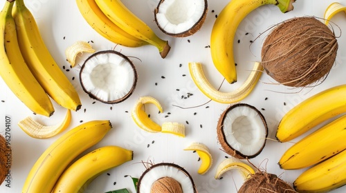 Empty rectangles surrounded by bananas and coconuts on white background photo