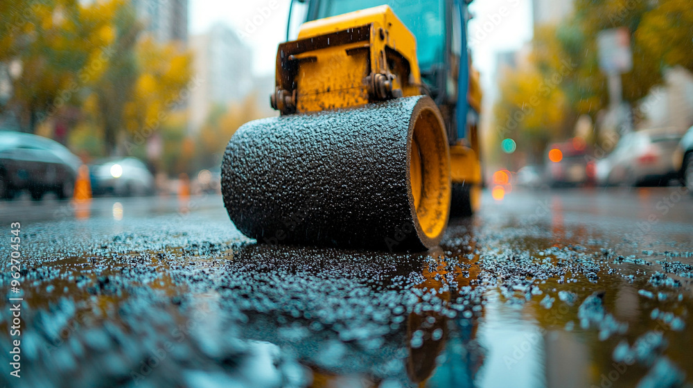 large road roller compacts fresh asphalt on a new roadway under construction, symbolizing progress, development, and the foundation of future infrastructure in urban or rural environments large road roller compacts fresh asphalt on a new roadway under construction, symbolizing progress, development, and the foundation of future infrastructure in urban or rural environments