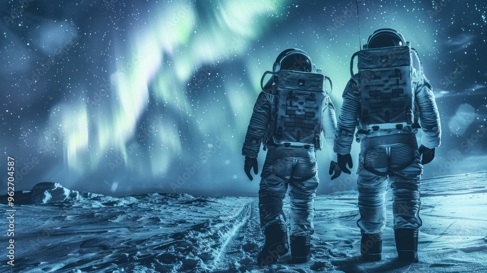 A deserted alien environment with two astronauts and a beautiful extraterrestrial northern lights in the sky, highlighting the vastness of space and its exploration. A deserted alien environment with two astronauts and a beautiful extraterrestrial northern lights in the sky, highlighting the vastness of space and its exploration.