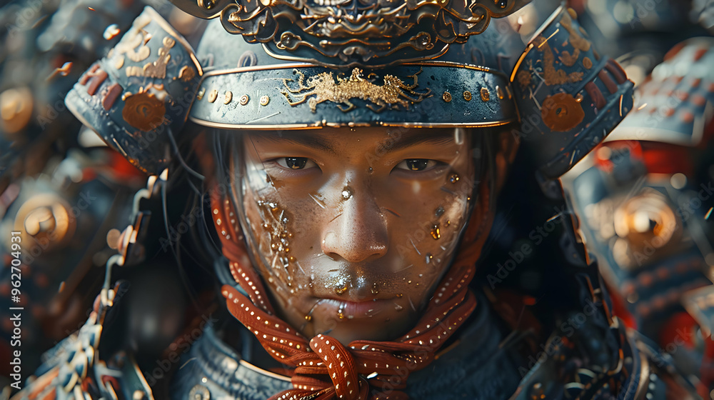Close Up of a Warrior's Face in a Detailed Samurai Helmet Illustration Close Up of a Warrior's Face in a Detailed Samurai Helmet Illustration
