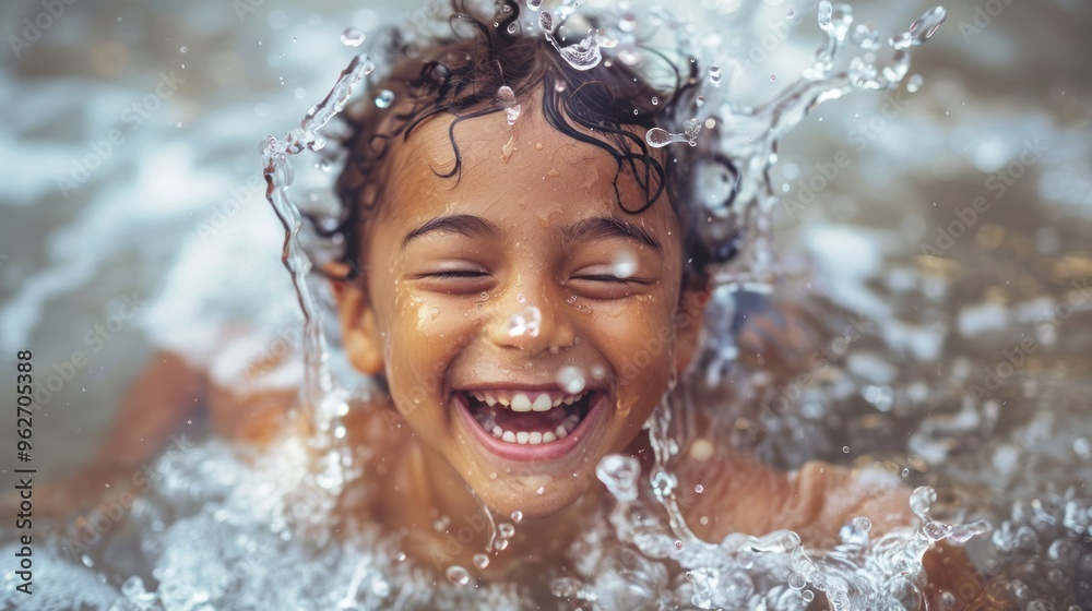 Little boy with cheerful smile splashing in swimming pool surrounded by water drops. Little boy with cheerful smile splashing in swimming pool surrounded by water drops.