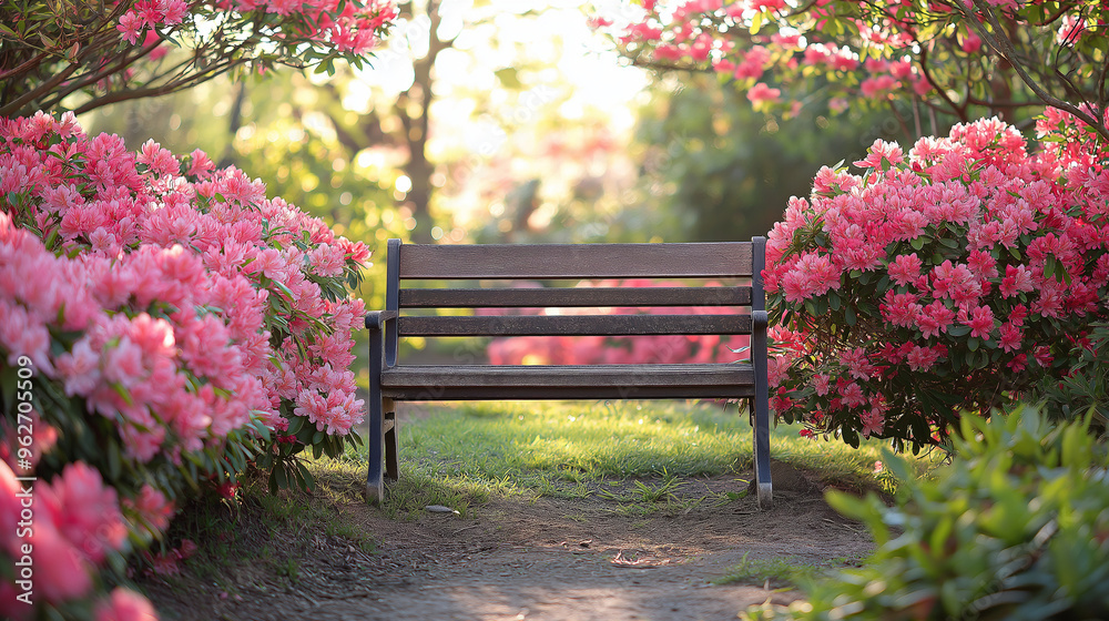 A serene photo of a quiet garden bench surrounded by blooming pastel-colored azaleas, creating a peaceful retreat A serene photo of a quiet garden bench surrounded by blooming pastel-colored azaleas, creating a peaceful retreat