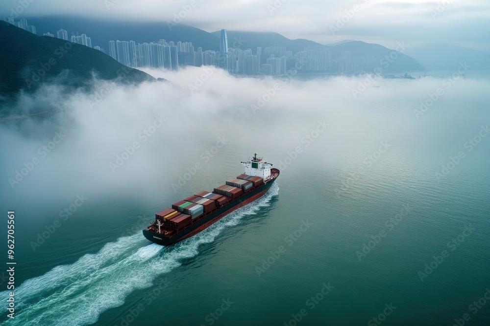 Naklejka premium Aerial view of a cargo ship sailing the Hong Kong bay with low clouds, China , ai