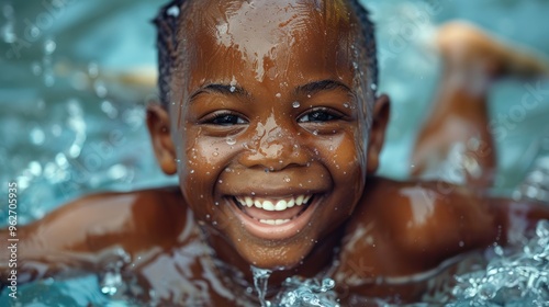 Water splashes surround smiling face of little black boy in close-up.