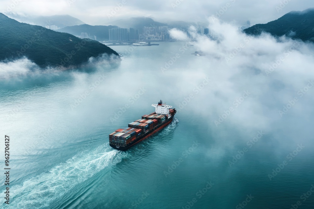Fototapeta premium Aerial view of a cargo ship sailing the Hong Kong bay with low clouds, China , ai