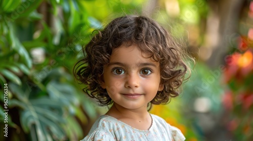 Wallpaper Mural Little girl with a sweet smile surrounded by rich tropical greenery, dressed in a white dress, looking at the camera. Torontodigital.ca