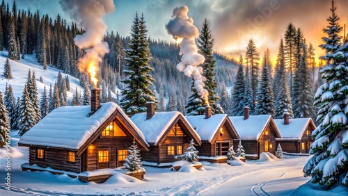 Cozy Log Cabins in a Snowy Forest at Sunset with Warm Glowing Windows