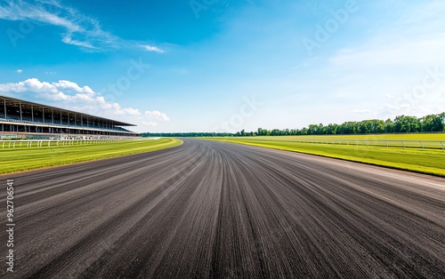 A clear view of a racetrack under a bright blue sky, showcasing a well-maintained surface bordered by lush greenery. photo