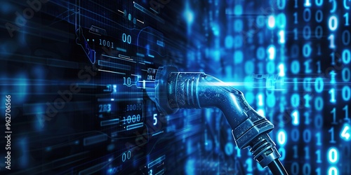 Future EV car electric plug and battery charger blue abstract digital binary code background