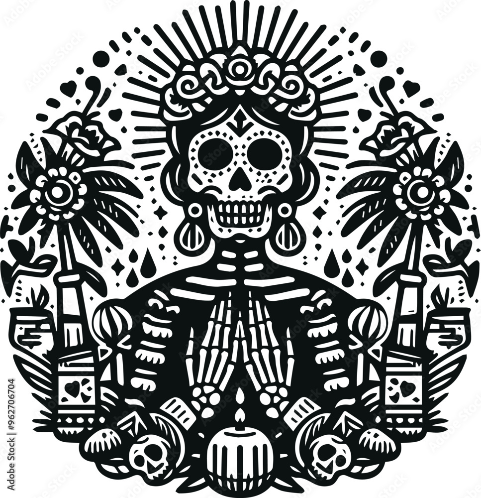 Obraz premium Cute Skull Monochrome Cosmonaut Logo Icon, Sugar Skull Day Of The Dead Vector Illustration Design