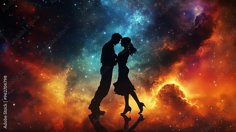 Naklejka premium 宇宙とカップルのシルエット