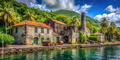 Historic waterfront distillery on a scenic Caribbean island, surrounded by lush greenery, old stone walls, and rusty machinery, evoking a sense of nostalgia and tradition. photo