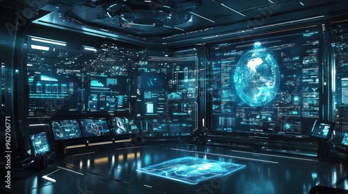 Futuristic control room with holographic displays and a globe projection.