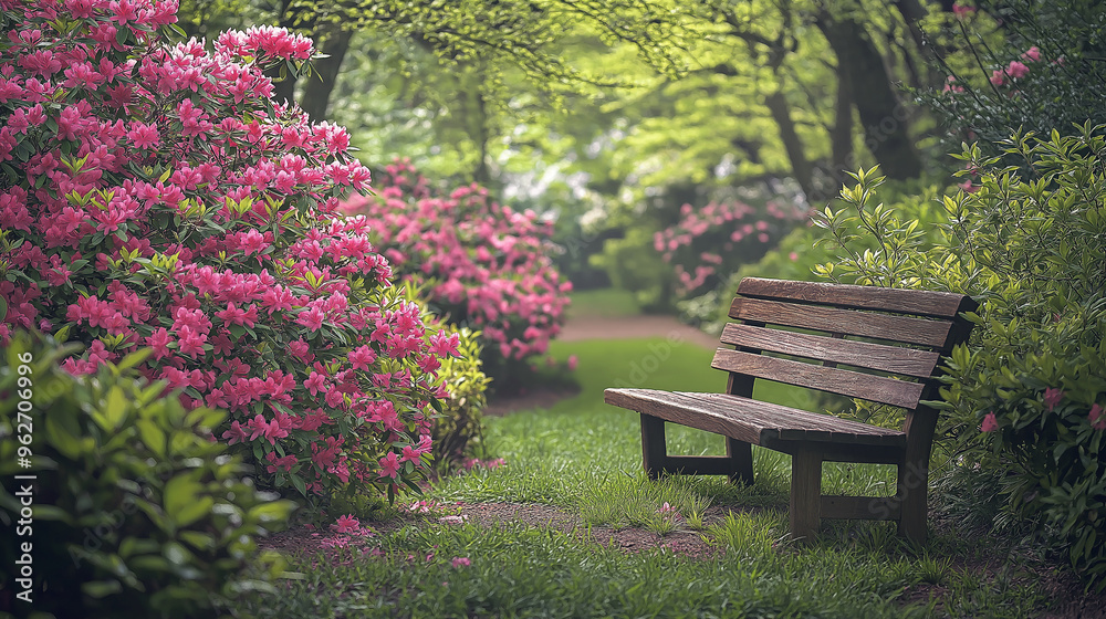 A serene photo of a quiet garden bench surrounded by blooming pastel-colored azaleas, creating a peaceful retreat A serene photo of a quiet garden bench surrounded by blooming pastel-colored azaleas, creating a peaceful retreat