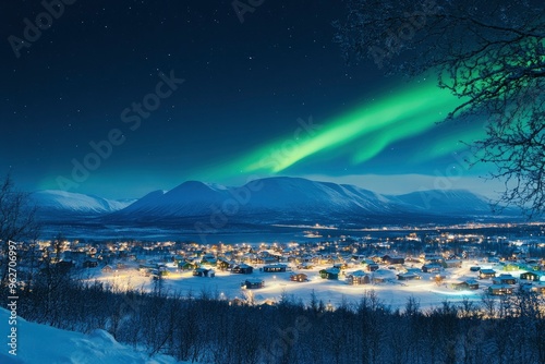 aurora borealis, northern lights over the village and mountains Abisko Kiruna , ai
